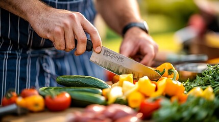 Chef's hands skillfully chopping colorful fresh vegetables on wooden cutting board, preparing ingredients for a healthy meal. Close-up of knife and produce.