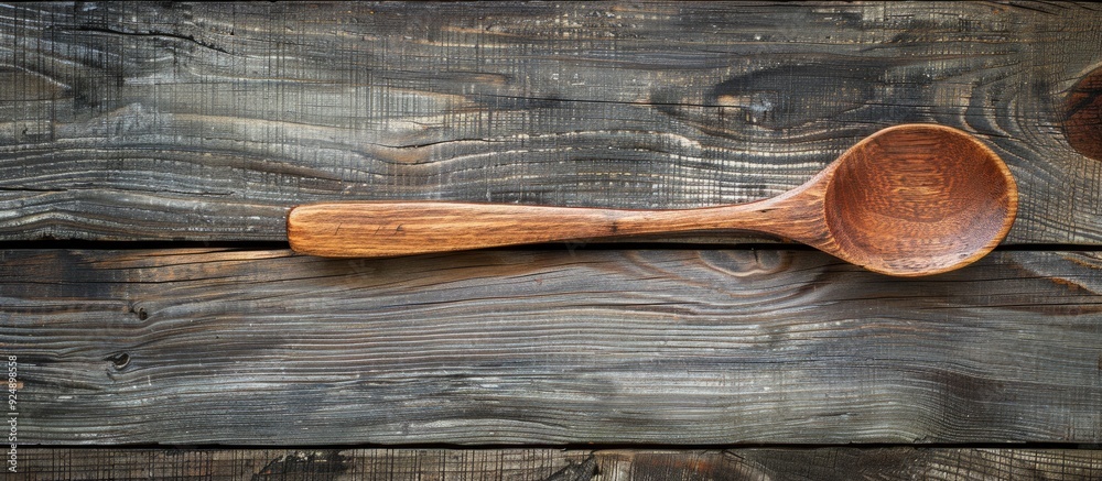 Aufkleber wooden spoon displayed on a textured wood backdrop with copy space image