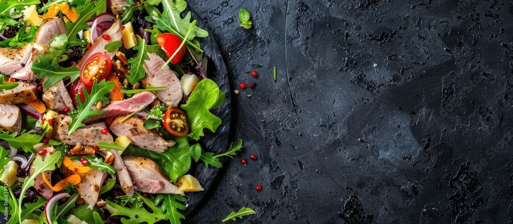 Poster Fresh salad with duck breast cheese and fillet pieces on a black background for copy space image ideal for sharing with company