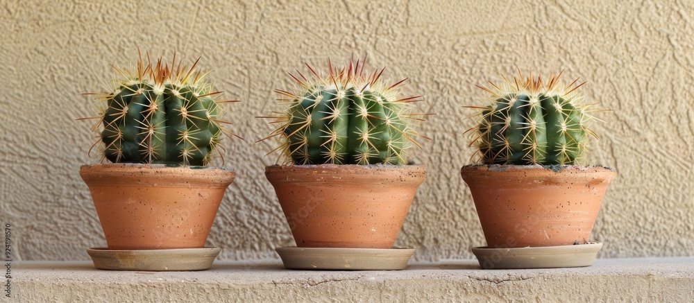Fototapete three echinocereus rigidissimus cacti are displayed in a pot on a shelf against a plain background i