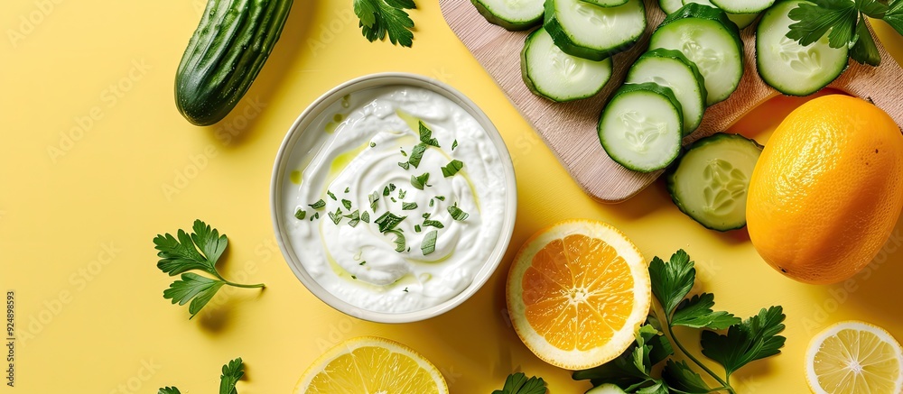 Poster Preparing a Greek cucumber yogurt sauce with a top down view of a bowl of yogurt greenery cucumbers and oranges on a cutting board on a yellow kitchen countertop with space for adding images