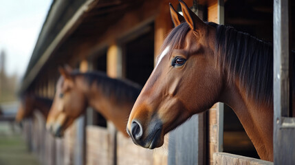 Fototapeta premium The Majestic Horses in the Stable are Beautifully Looking Out at Their Surroundings