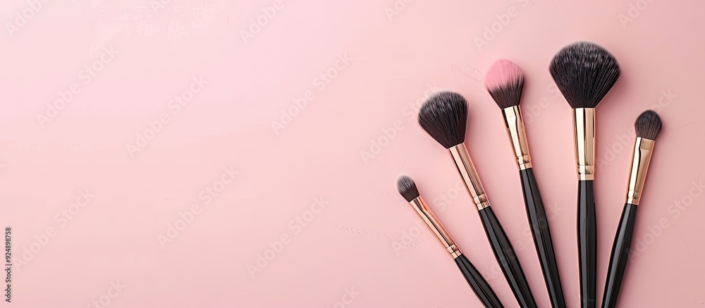 Poster Makeup brushes on a soft pink backdrop ideal for showcasing in magazines or social media Top down view with ample copy space image