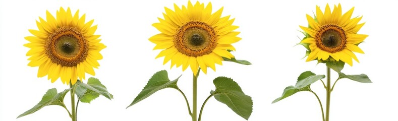Fototapeta premium Detailed close-up of the heads of three blooming sunflowers on a transparent background