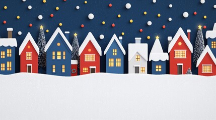 Fototapeta premium Snow covered Christmas village with vibrant lights shining through frosty windows creating a cozy and inviting winter scene