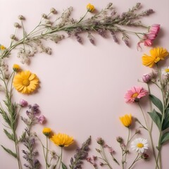 Wild flowers Feminine Floral Wallpaper in Flat Lay Style, Mother's Day Sale, female with empty space. 