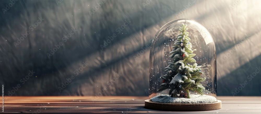 Poster Surreal theme for the holidays a green Christmas tree dusted with snow inside a contemporary glass dome set against a dark backdrop with a sunny shadow creating a modern retro setting with copy space