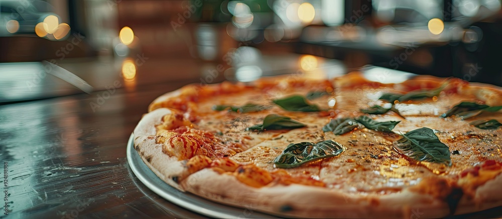 Poster a pizza on a restaurant table with copy space image
