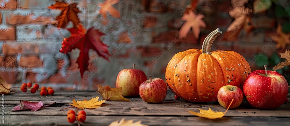 Poster a festive autumn setting with a ripe pumpkin apples and leaves on a wooden table perfect for thanksg