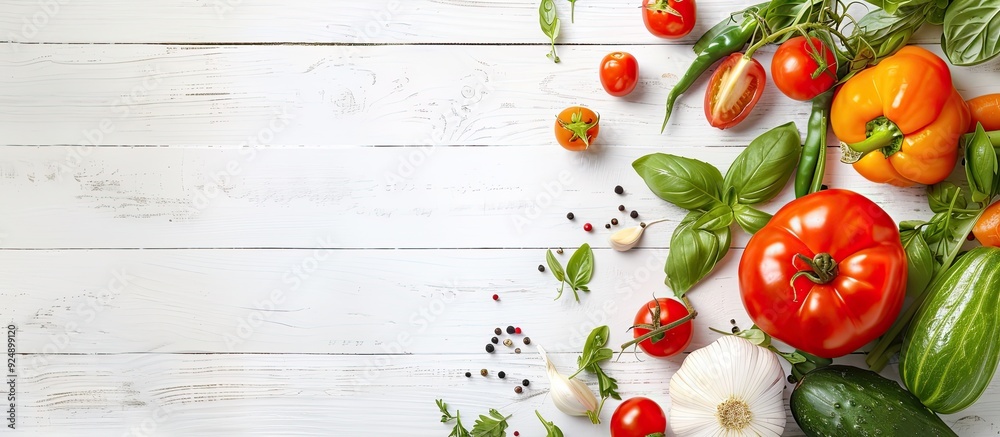 Poster Mockup on white wooden table featuring an assortment of fresh and vibrant vegetables creating an appetizing background with room for text in the image. Creative banner. Copyspace image