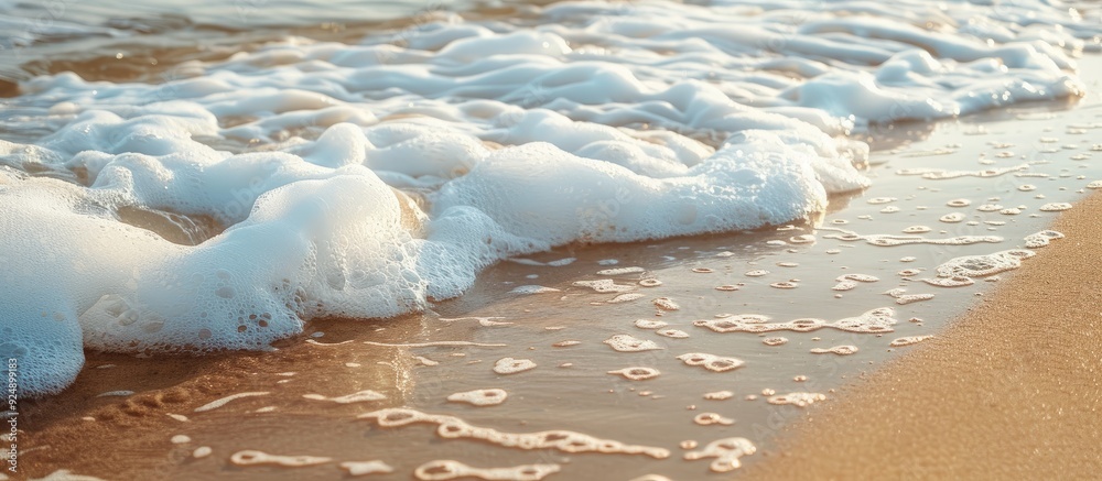 Poster sandy beach in summertime with gentle waves and white foam ideal as copy space image for travel them