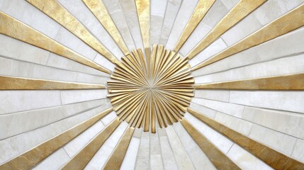White and gold tiles forming a starburst pattern, perfect for an art deco-inspired interior design.