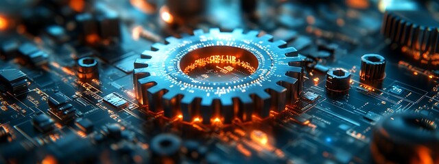  Digital 3d gear icon with binary code, artificial intelligence in system setting optimization, automation workflows, software customization options, and personalized user interfaces design 