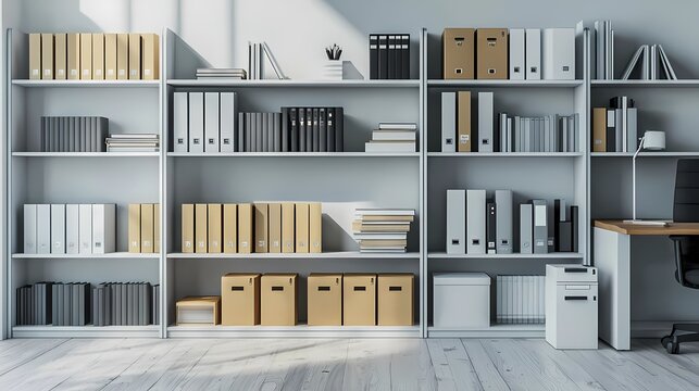 Modern office bookshelf filled with organized folders, documents, and storage boxes, creating a tidy workspace ambiance.