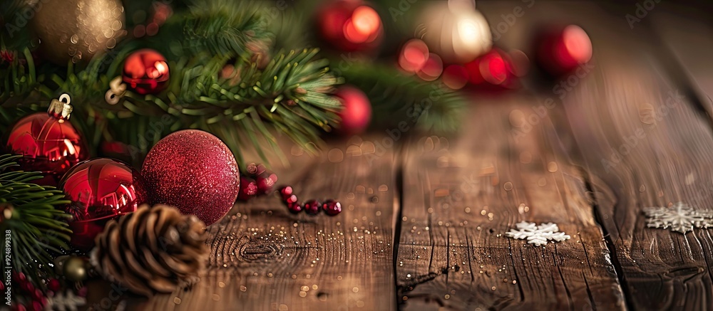 Poster festive christmas scene with ornaments and baubles arranged on a wooden table featuring copy space i