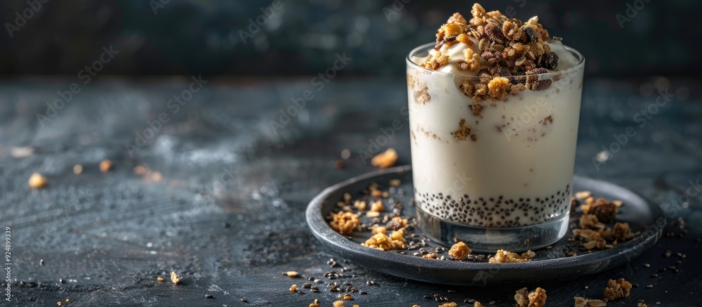 Poster healthy breakfast consisting of coconut pudding topped with granola and chia seeds on a dark backgro