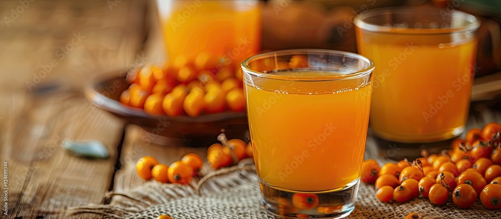 Poster Sea buckthorn juice displayed on a blank canvas for text or images in the background. Creative banner. Copyspace image