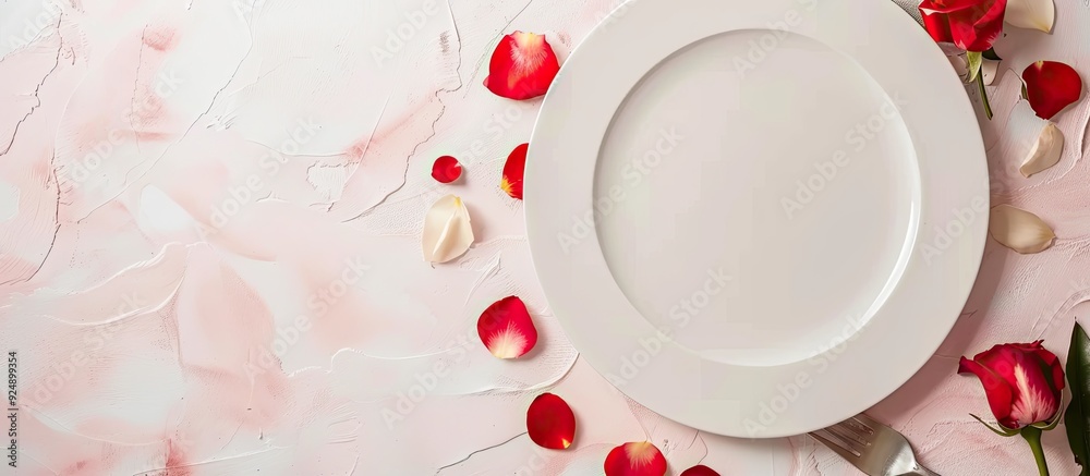 Aufkleber romantic dinner concept shown on a light background with an empty plate styled as a flatlay for copy