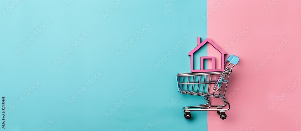Aufkleber home buying idea featuring a shopping cart with a house icon on a pink and blue backdrop in a top do