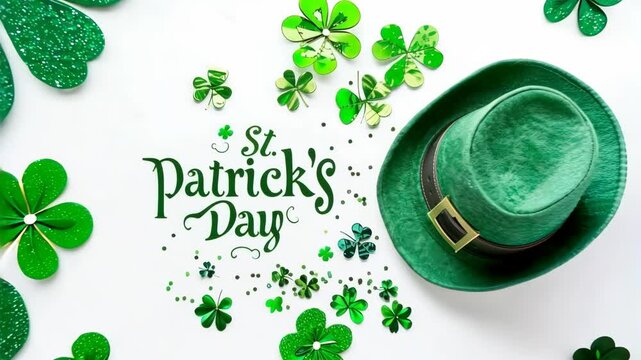 St Patrick's Day banner with a green hat and clover leaf decoration on a white background.