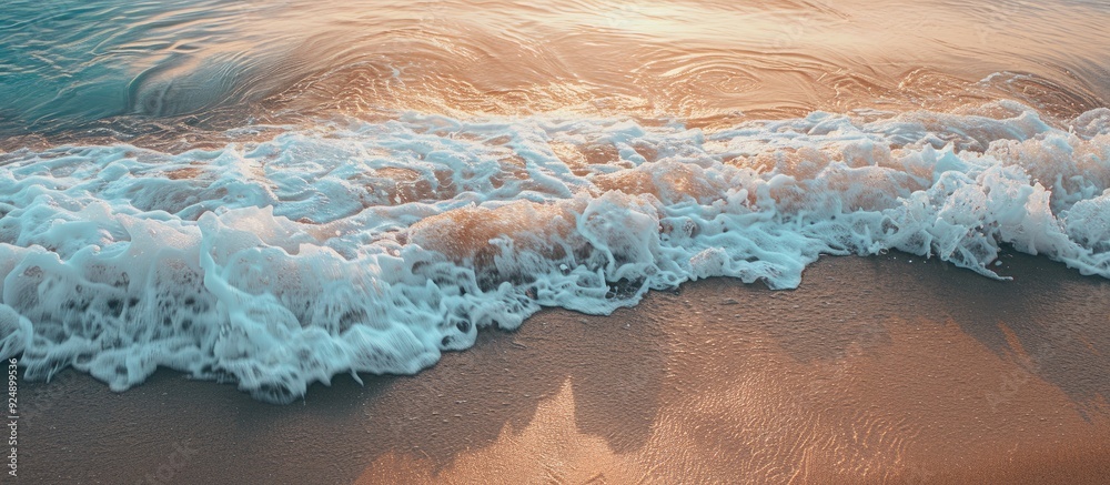 Poster tropical waves create a scenic ocean background with a sandy shore white foam and a serene natural v