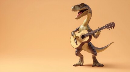 Fototapeta premium Oviraptor dinosaur is happy playing the guitar, isolated on a light orange background