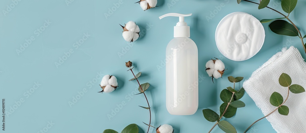 Poster mockup of a cleansing lotion bottle or soap dispenser placed next to cotton pads on a blue surface d