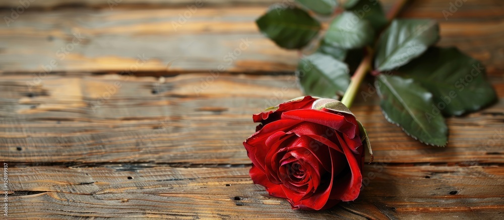 Poster rose on wooden table with copy space image