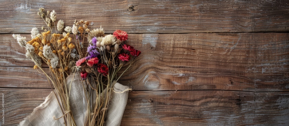 Aufkleber dry flowers arranged beautifully on a napkin against a wooden backdrop with space for adding images.