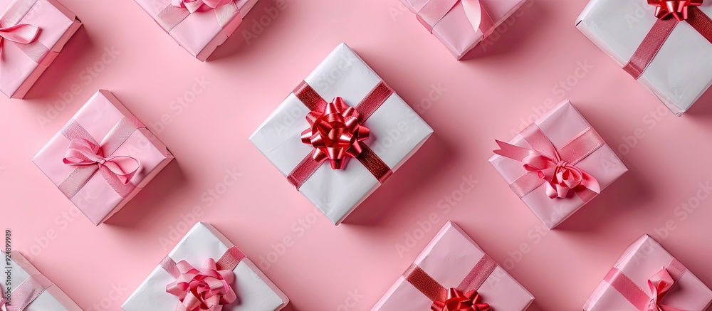 Poster a pattern of gift boxes on a pink background with harsh lighting suitable for new year s christmas o