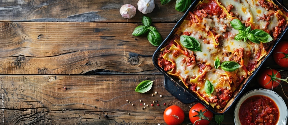 Poster rustic table setting with a fresh and healthy ziti pasta lasagna casserole topped with meat and toma