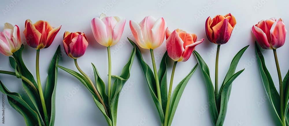 Fototapete Fresh tulips arranged in a frame creating a spring background with a designated area for text in the image. Creative banner. Copyspace image