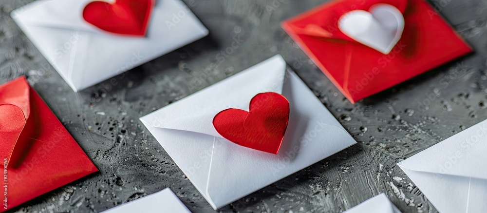 Leinwandbilder grey background with red and white envelopes featuring a heart perfect for a romantic theme with cop