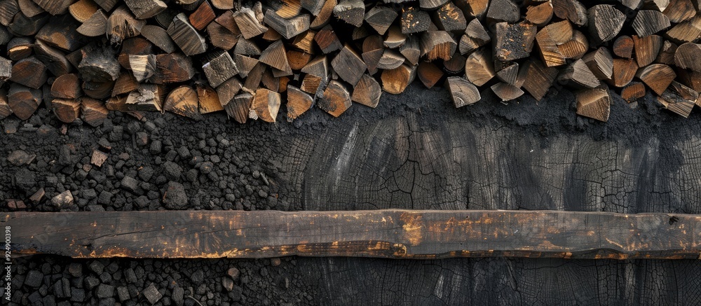 Wall mural background of long timber stack in a woodpile for a charcoal factory with copy space image