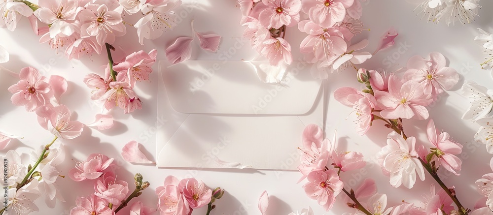 Poster Mockup of a postcard featuring pink flowers an envelope on a white backdrop with available space for text and an image. Creative banner. Copyspace image
