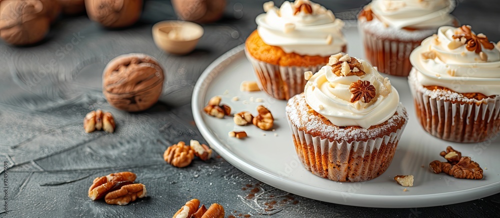 Aufkleber vegan carrot muffins with nuts and cream on a white plate traditional donkey pastries with selective