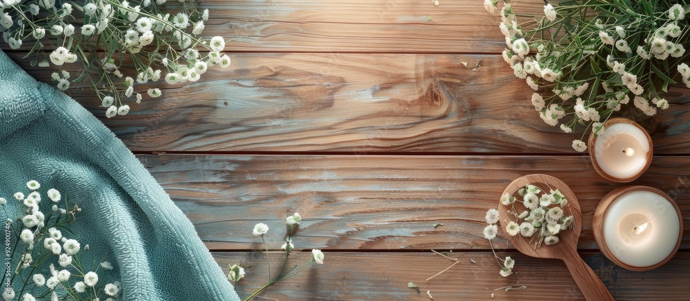 Poster a serene spa arrangement set on a wooden surface featuring a copy space image