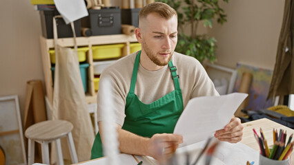 A focused young man in an apron reads documents in a creative studio setting, symbolizing learning or entrepreneurship.