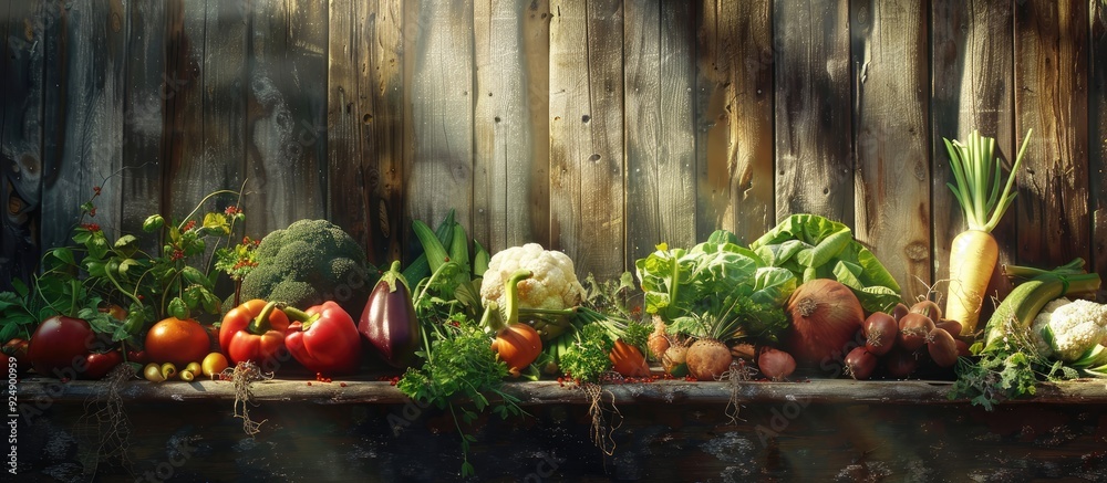 Poster A rustic farm display features a selection of organic vegetables set against a wooden backdrop with sunlight streaming in embodying a countryside theme Perfect for depicting clean eating and local pr
