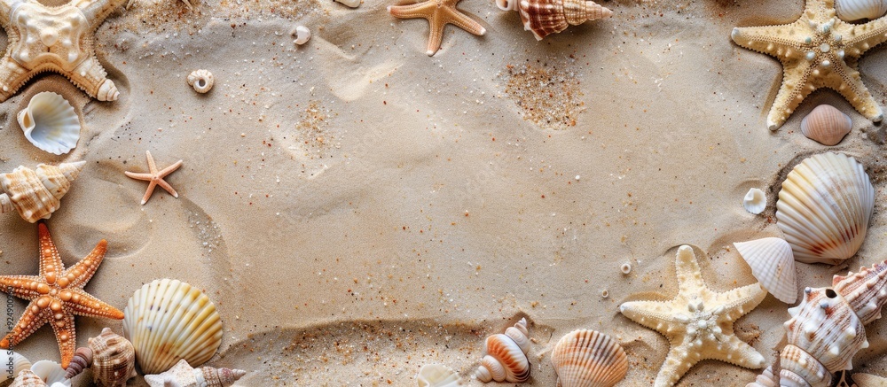 Aufkleber A top down view shows starfish and seashells scattered on sandy beach with ample copy space image available