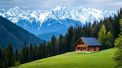 Scenic view of a wooden cabin surrounded by lush green meadows and majestic snow-capped mountains under a cloudy sky.