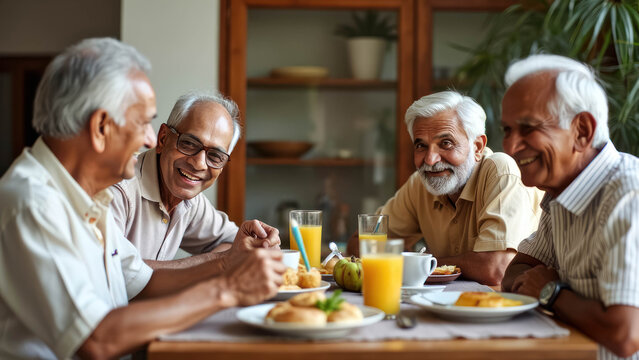 Happy Senior Group Of Indian Men Pensioner Friends Smiling And Having Breakfast Together At Family Home - Powered by Adobe