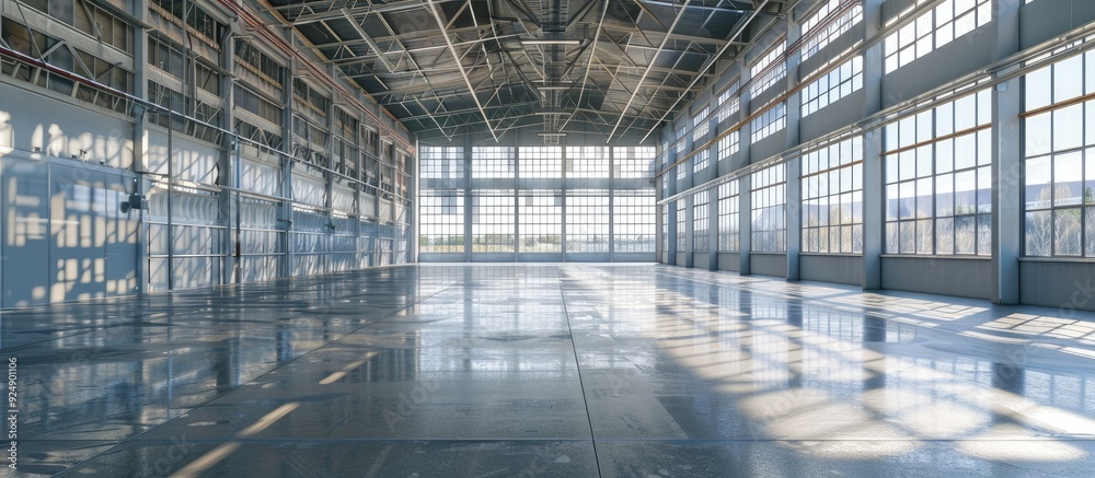 Poster Interior of industrial building featuring large high windows and a spacious area available for copy space image