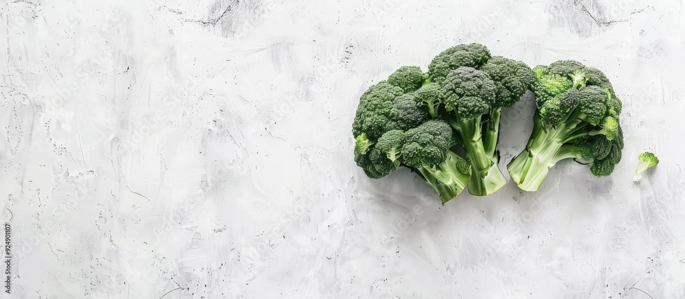 Poster Fresh green broccoli in a flat lay arrangement on a light background with a designated area for additional text or images known as copy space image