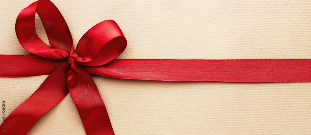 Poster wedding invitation displayed with a red ribbon on brown craft paper against a white background provi