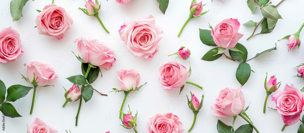 Poster Top down view of pink roses on a white backdrop with room for text in a copy space image