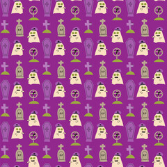 Obraz premium Childrens halloween pattern with cute characters. Pumkins and ghosts in halloween costumes. Cute childish seamless pattern.