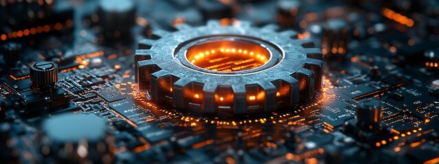  Digital 3d gear icon with binary code, artificial intelligence in system setting optimization, automation workflows, software customization options, and personalized user interfaces design 