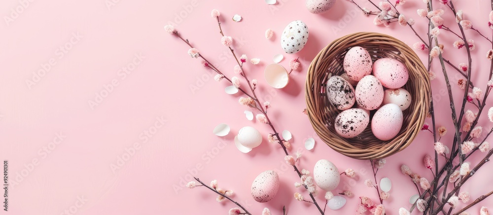 Poster easter holiday card featuring a basket of eggs on a pink background adorned with pussy willow twigs 