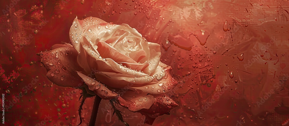 Poster vintage painting style depicting a fully bloomed rose with raindrops on a red speckled backdrop show